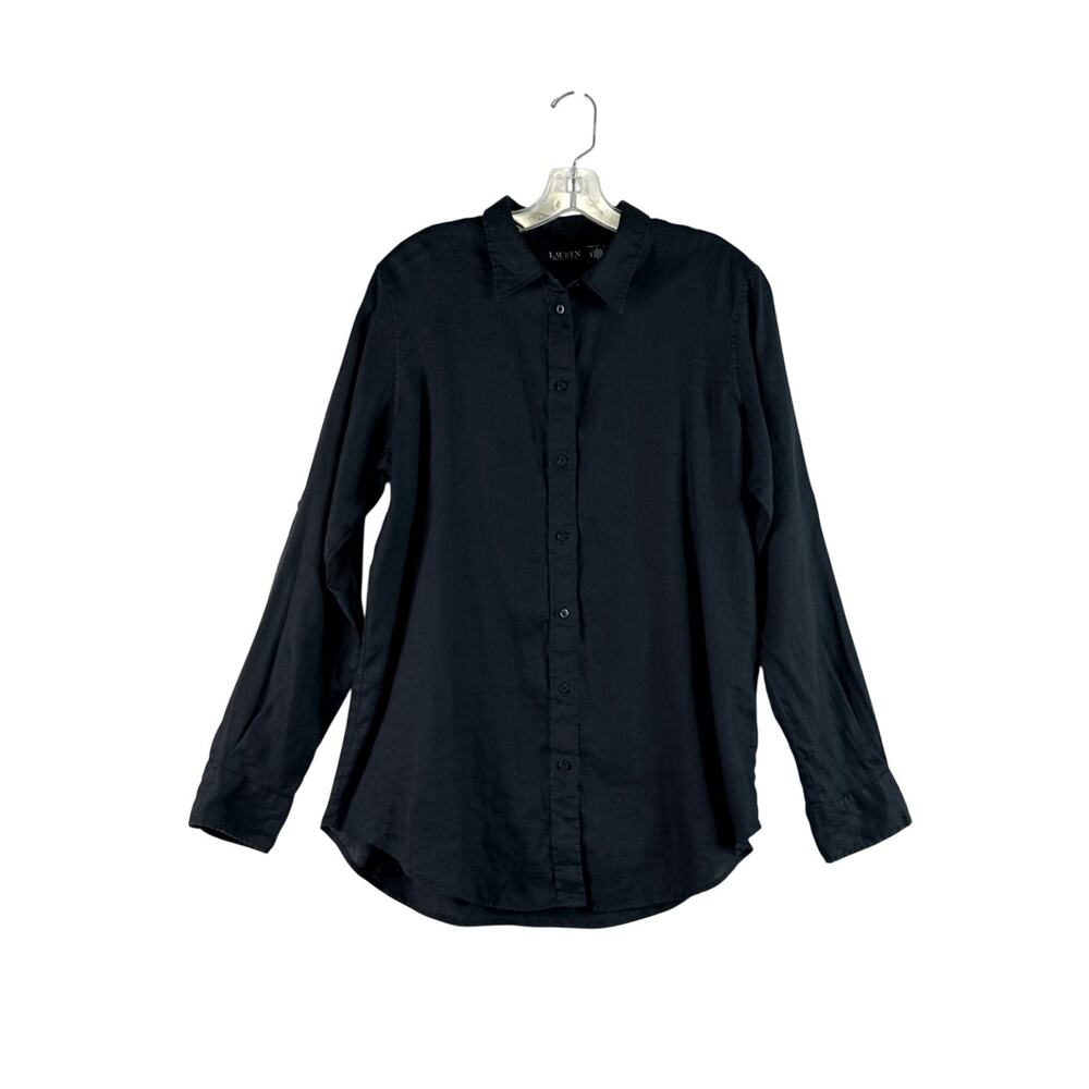 Lauren Ralph Lauren Relaxed Fit Linen Button Up Shirt Roll Tab Black Women Large